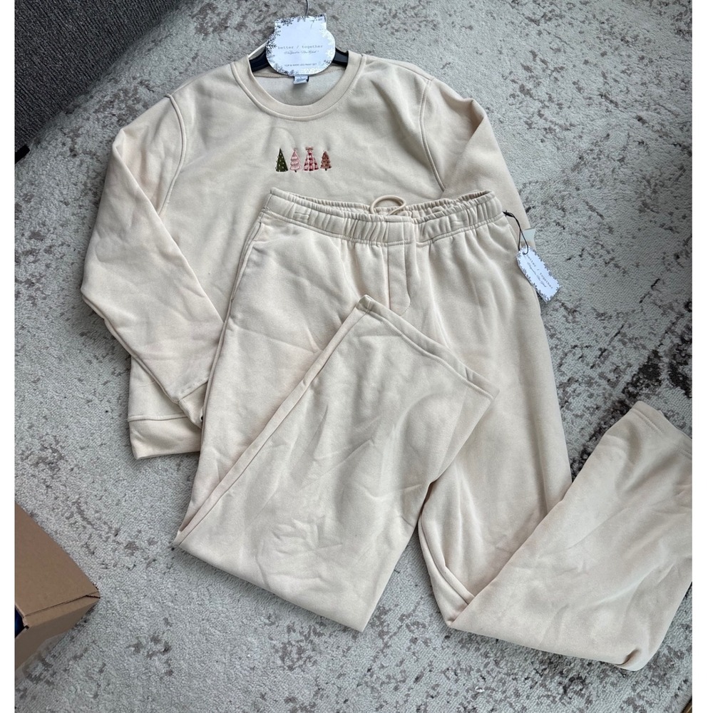 Better Together Womens Cream Christmas sweatshirt Wide Leg Pant Set Large lounge